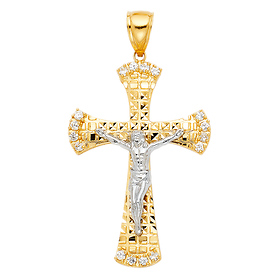 Tapered Diamond-Cut Crucifix Pendant with CZ Accents in 14K Two-Tone Gold - Large