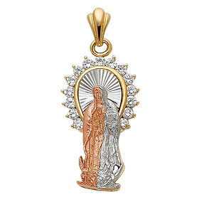 Our Lady of Guadalupe with CZ Halo Pendant - 14K Tricolor Gold - Medium