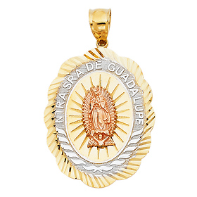 Scalloped Our Lady NUESTRA SENORA DE GUADALUPE' Medal Pendant in 14K Tricolor Gold