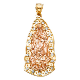 CZ Beaded Our Lady of Guadalupe Pendant in 14K Yellow Gold
