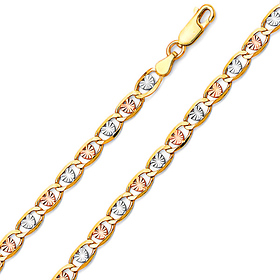 4.2mm 14K Tricolor Gold Solid Heart Star Diamond-Cut Valentino Chain Bracelet 7.5in