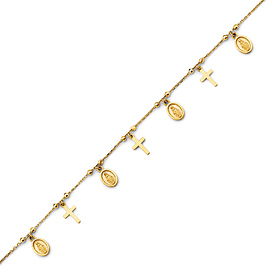 Cross & Our Lady of Guadalupe Medal Charm Bracelet in 14K Yellow Gold Solid