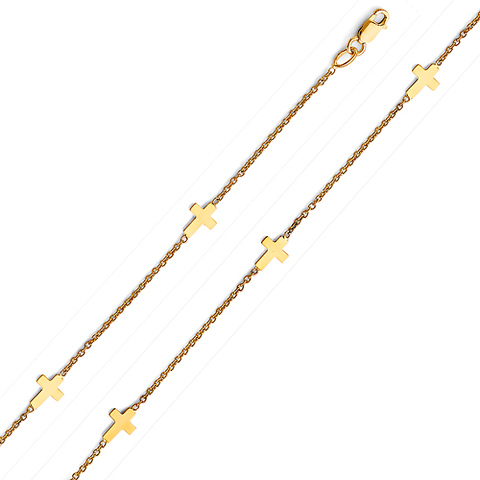 Flat Sideways Cross Charm Bracelet in 14K Yellow Gold Solid