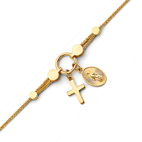 Dangling Cross & Our Lady of Guadalupe Medal Charm Bracelet in 14K Yellow Gold