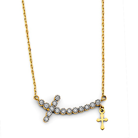 CZ Curved Sideways Cross Necklace with Mini Charm - 14K Yellow Gold Solid
