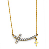 CZ Curved Sideways Cross Necklace with Mini Charm - 14K Yellow Gold Solid