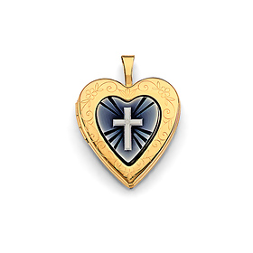 Enameled Heart & Cross Locket in 14K Two-Tone Gold Solid