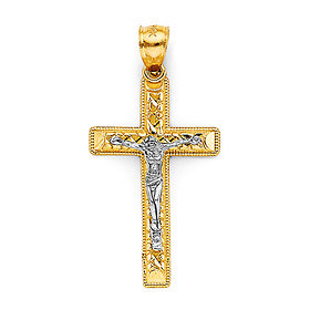 Small Milgrain Raised Nugget Center Crucifix Pendant in 14K Two-Tone Gold Solid
