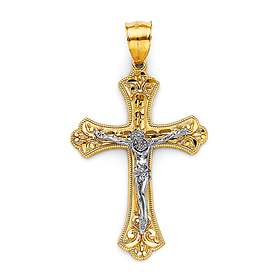 Medium Milgrain Fleur de Lis Crucifix Pendant in 14K Two-Tone Gold Solid