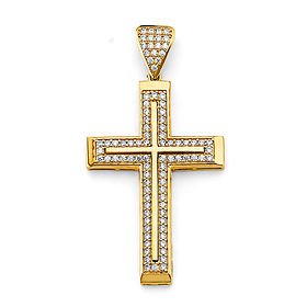 Medium Squared CZ Double Cross Pendant - 14K Yellow Gold Solid