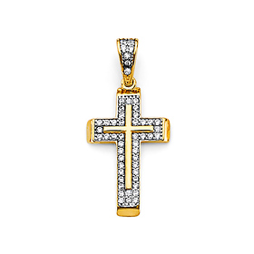 CZ Pave Double Cross Pendant in 14K Yellow Gold Solid
