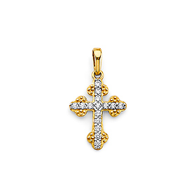 Budded CZ Pave Cross Pendant in 14K Two-Tone Gold Solid - Mini