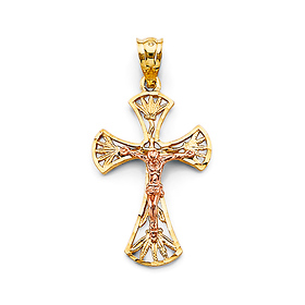 Byzantine Palm Leaf Crucifix Pendant in 14K Two-Tone Gold Solid
