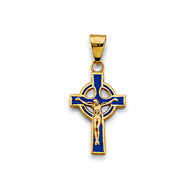 Blue Celtic Crucifix Pendant in 14K Yellow Gold Solid