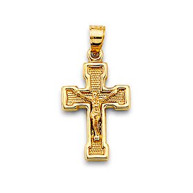 Wide Concave Textured Crucifix in 14K Yellow Gold Solid