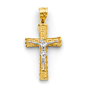 Greek Key Byzantine Crucifix Pendant in 14K Two-Tone Gold Solid