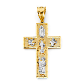 Large Latin Cross With Catholic Saints Pendant in 14K Two-Tone Gold Solid