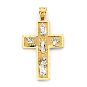 Medium Latin Cross With Catholic Saints Pendant in 14K Two-Tone Gold Solid