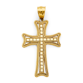 Double Cross Milgrain Byzantine Cross Pendant in 14K Yellow Gold Solid