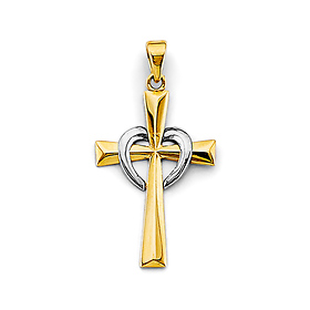 Heart Knife-Edge Cross Pendant in 14K Two-Tone Gold Solid