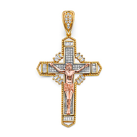 Ornate Celtic Crucifix in 14K Tricolor Gold Solid - Medium