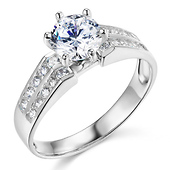 2-Row Side Pave & 1-CT Round-Cut CZ Engagement Ring in 14K White Gold