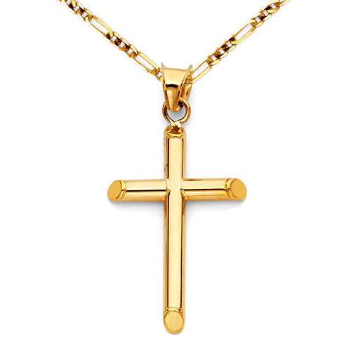 Small Rod Cross Necklace with Figaro Chain - 14K Yellow Gold (16-24in) Slide 0