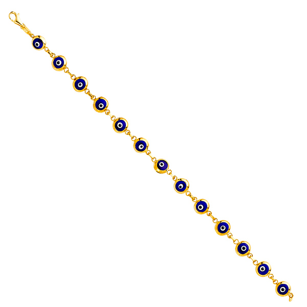 Round Blue Evil Eye Charms Bracelet - 14K Yellow Gold 7.5in Slide 1