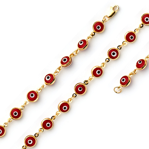 Round Red Evil Eye Charms Bracelet - 14K Yellow Gold 7.25in Slide 0