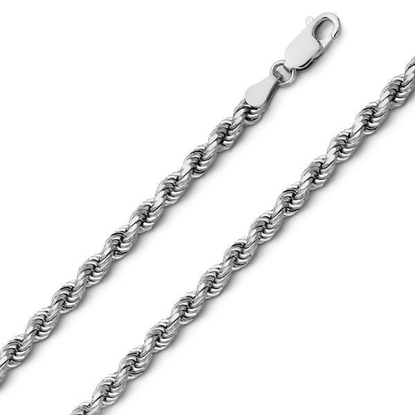 4mm 14K White Gold Solid Men's Diamond-Cut Rope Chain Necklace Slide 0
