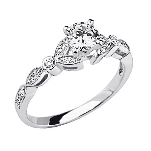 14K White Gold Art Deco Style Solitaire Round Diamond Engagement Ring Slide 0