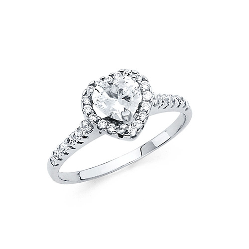 Heart-Cut Halo & Scalloped Side CZ Engagement Ring in 14K White Gold Slide 0