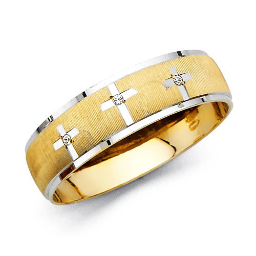 5.5mm Three Cross CZ Christian Wedding Band in 14K Two Tone Gold Slide 0