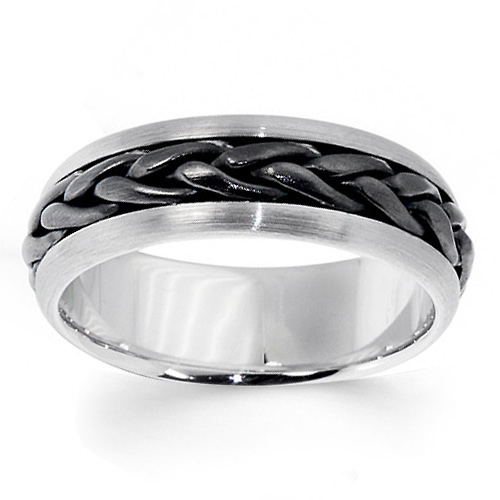 7mm Unique Handmade Black Rhodium Braided Wedding Band - 14K White Gold Slide 0
