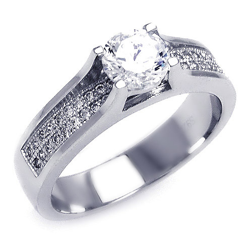 Chic Cathedral Round-Cut & Micropave Side CZ Engagement Ring in Sterling Silver (Rhodium) Slide 0