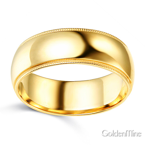 7mm Classic Light Comfort-Fit Dome Milgrain Men's Wedding Band - 14K Yellow Gold Slide 1