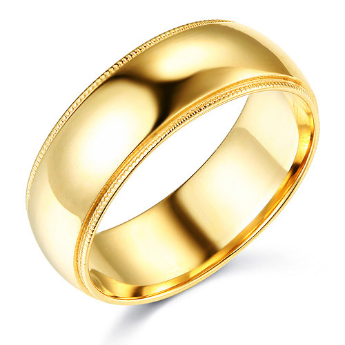 7mm Classic Light Comfort-Fit Dome Milgrain Men's Wedding Band - 14K Yellow Gold Slide 0