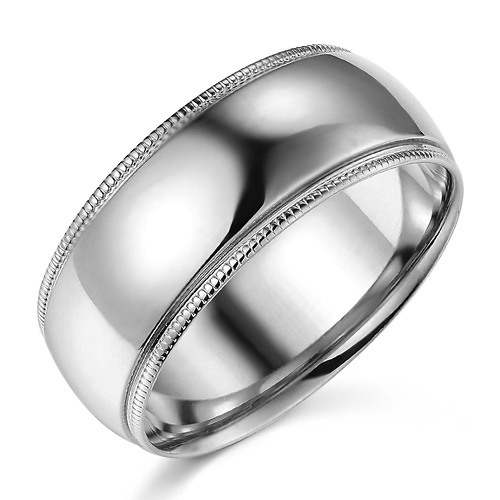 8mm Classic Light Comfort-Fit Dome Milgrain Men's Wedding Band - 10K, 14K, 18K White Gold Slide 0