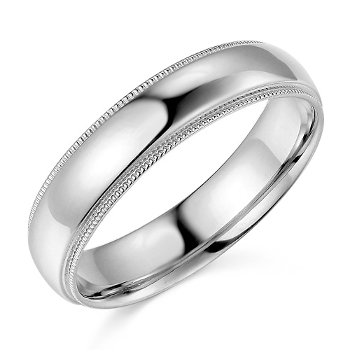 5mm Classic Light Dome Milgrain Wedding Band - 14K White Gold Slide 0