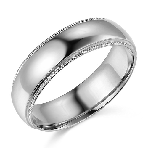 6mm Classic Light Dome Milgrain Wedding Band - 14K White Gold Slide 0