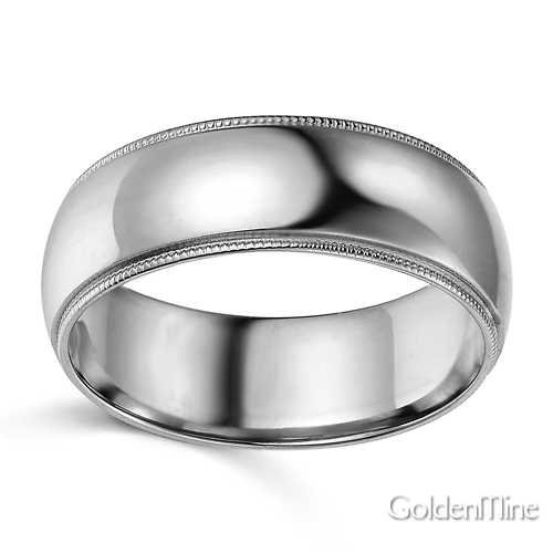 7mm Classic Light Dome Milgrain Men's Wedding Band - 14K White Gold Slide 1