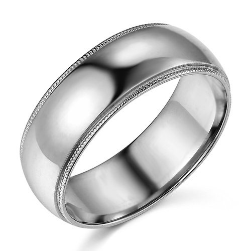7mm Classic Light Dome Milgrain Men's Wedding Band - 14K White Gold Slide 0