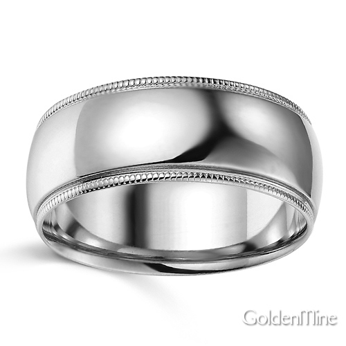 8mm Classic Light Dome Milgrain Men's Wedding Band - 14K White Gold Slide 1