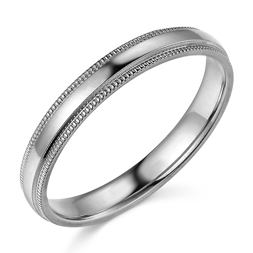 3mm Classic Light Dome Milgrain Wedding Band - 14K White Gold Slide 0