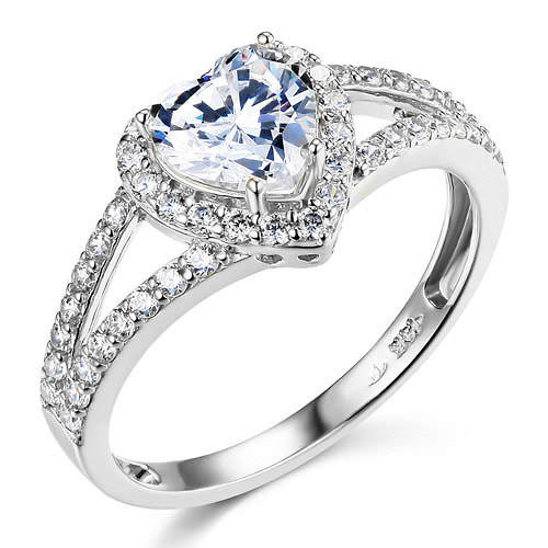 Split Shank Halo 1-CT Heart-Cut CZ Engagement Ring in 14K White Gold Slide 0