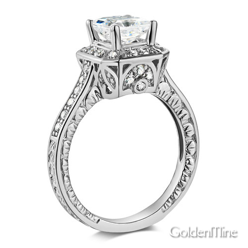 Antique-Style Halo 1-CT Princess CZ Engagement Ring in 14K White Gold 2ctw Slide 1