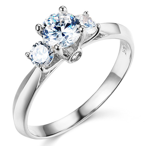 3-Stone Knife-Edge Cathedral Round-Cut CZ Engagement Ring in 14K White Gold Slide 0