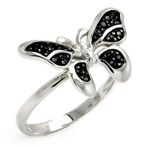 Pave Black Cubic Zirconia Butterfly Ring in Sterling Silver (Rhodium) Slide 0