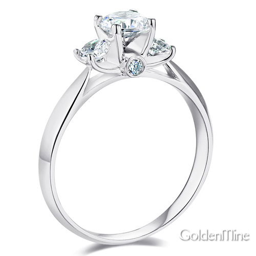 Knife-Edge Trellis 3-Stone Round CZ Engagement Ring in Sterling Silver (Rhodium) Slide 1