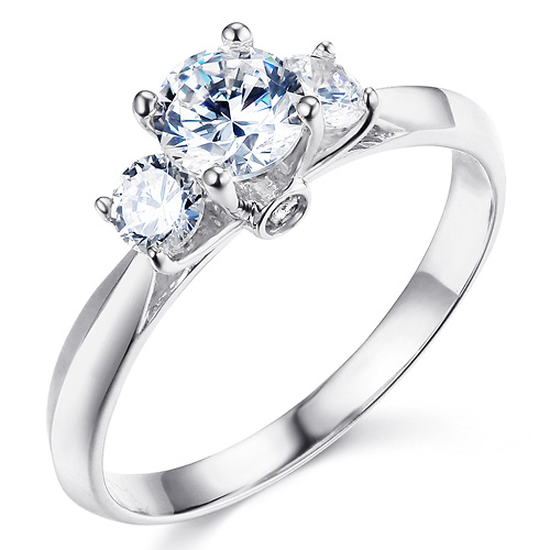 Knife-Edge Trellis 3-Stone Round CZ Engagement Ring in Sterling Silver (Rhodium) Slide 0